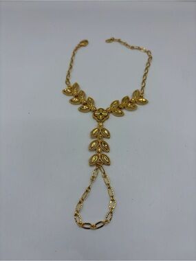Gold Polish Leaf Drop Finger Chain Bracelet